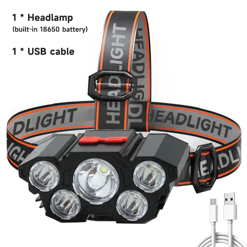 5 LED USB Rechargeable Headlamp – 4 Modes, Waterproof, 10W