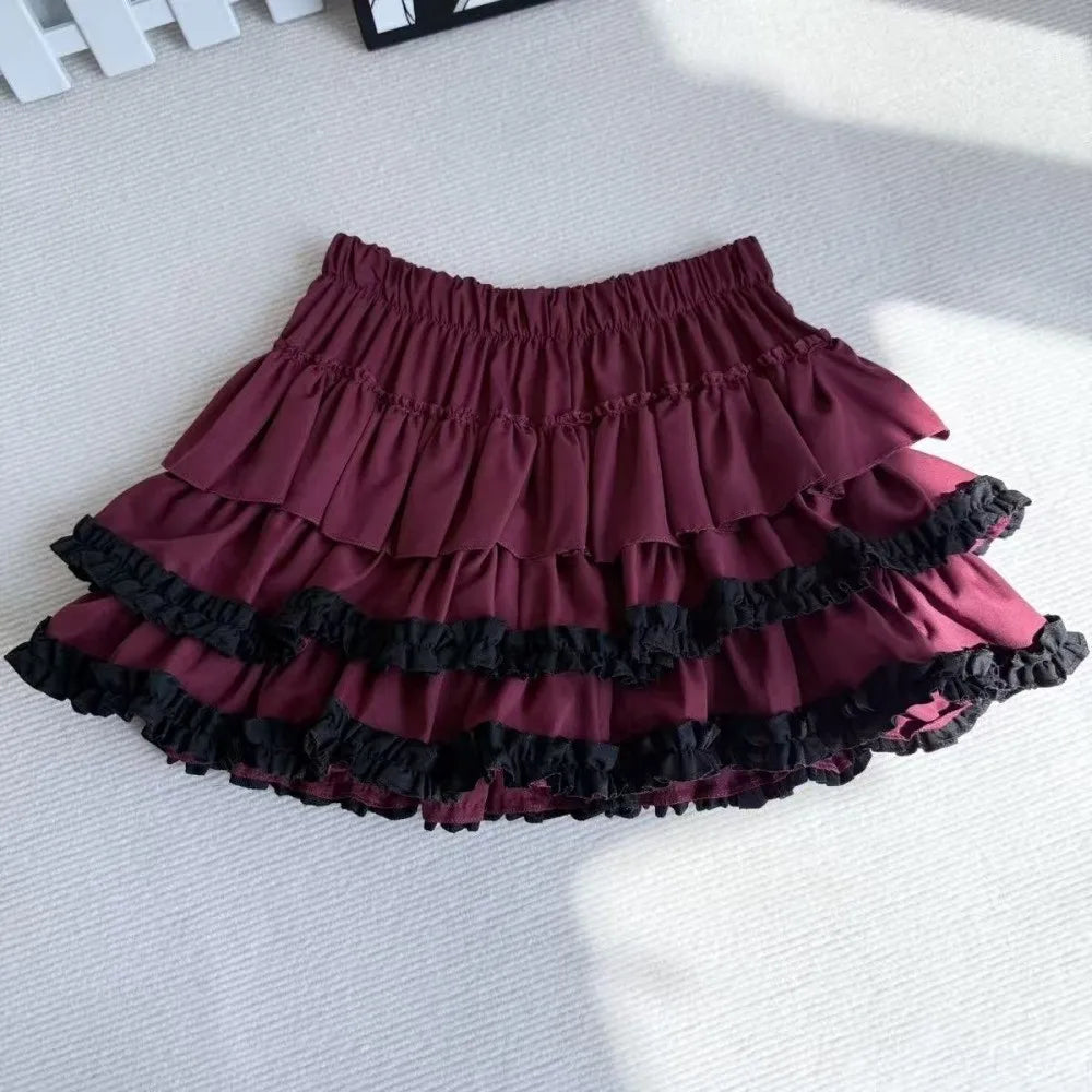 Elegant High Waist Pleated Bubble Skirt A Line Ruffle Hem A Line Skirt Short Pleated Design Puffy Cake Skirt Harajuku Style Oasis Select Red M