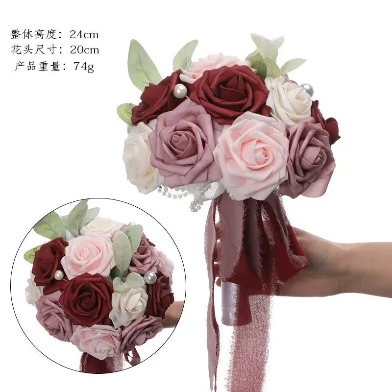 Bridesmaid Gold Hoop Bouquet for Wedding Bridal Shower Ceremony Artificial Rose Flower Hoop Wreath Front Door Wall Decoration Oasis Select B-Red