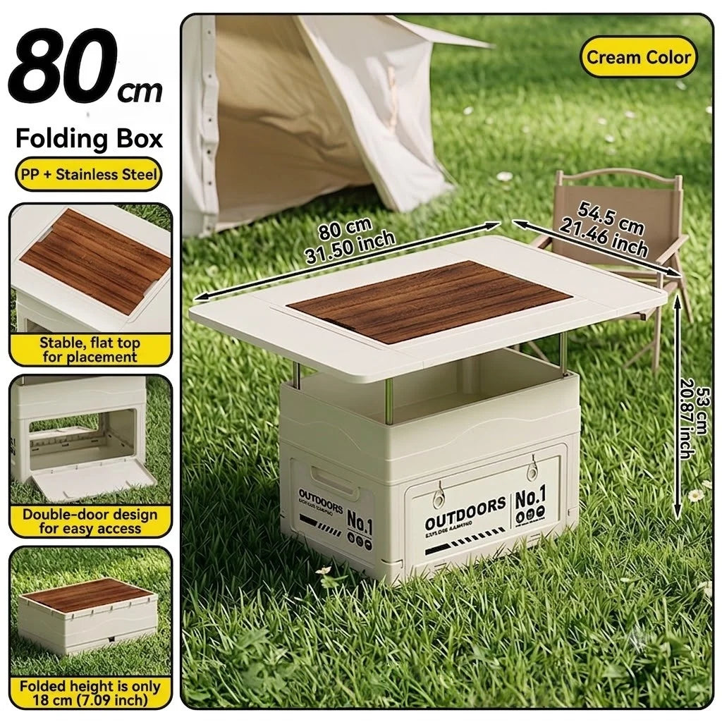 Large-capacity wooden cover foldable storage box for outdoor camping storage box table integrated vehicle camping trunk Oasis Select white-Large