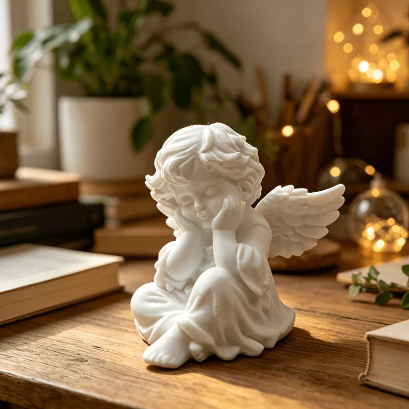 Sweet White Angel Statue 3D Printed CanDIY Cute Thinking Cherub Mini Figurine Home Decor Wedding Romantic Souvenir Ornament Gift Oasis Select