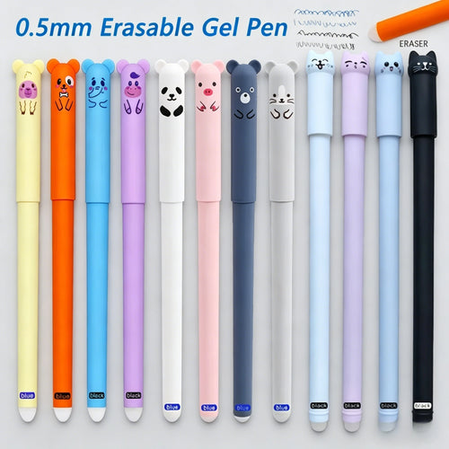12Pcs Creative 0.5mm Blue/Black Animals Elephant Bear Cat Erasable Gel Pens, Washable Handle Magic Refills Rod Writing Supplies Oasis Select