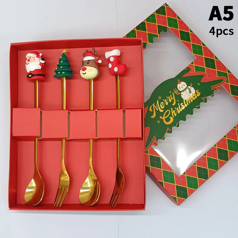 Stainless Steel Christmas Dessert Spoons Cake Forks Cartoon Tree Elk