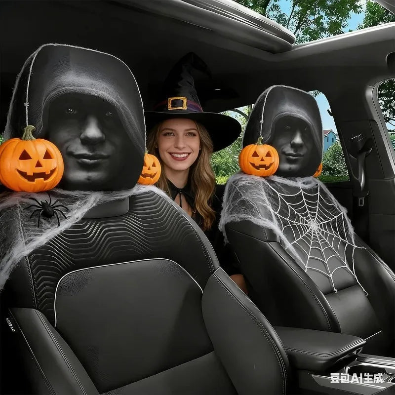 Easy Install Universal Fit 2Pcs Halloween Horror Face Car Headrest Covers Soft Polyester Washable Dustproof Protective Sleeve Oasis Select