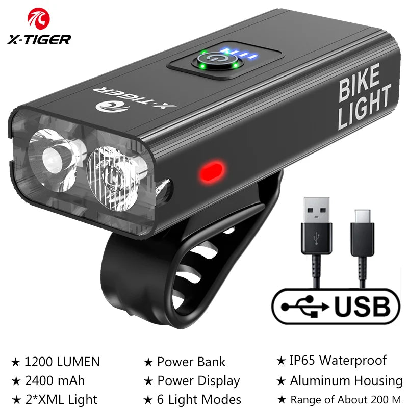 X-TIGER Bicycle Light 1200LM Front Lamp USB Rechargeable LED Mobile Power Supply Waterproof Mountain Bike Headlight Bicycle Acce Oasis Select QD-0202