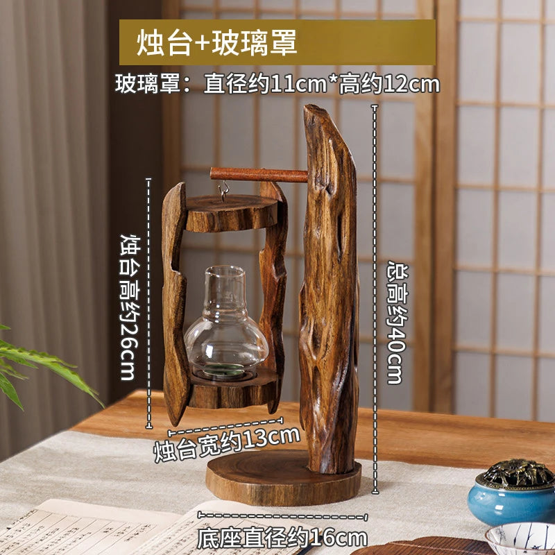 Log Wind Lamp Creative Candlestick Retro Southeast Asia Glass Cover Candlestick Outdoor Windproof Lantern Zen Decoration Oasis Select B