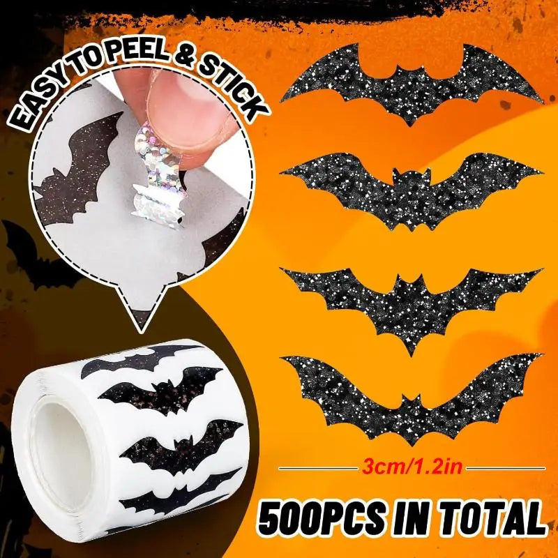 500Pcs/roll Laser Black Bat Waterproof Glitter Self-Adhesive Decals Halloween Bat Stickers For Party Scrap DIY Accessories Oasis Select A