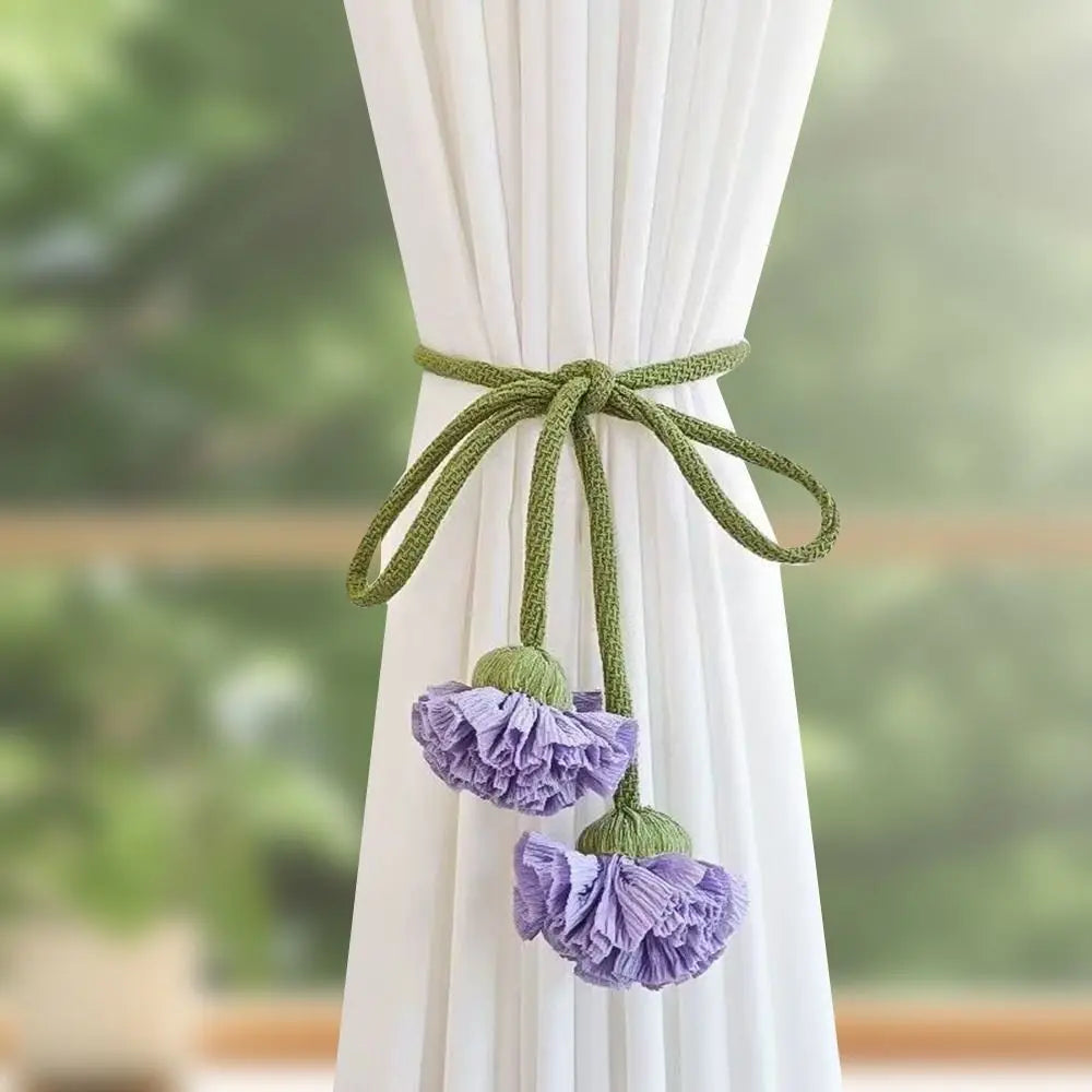Elastic Band Curtain Tieback No Punching Adjustable Window Curtain Buckles Flower Shape Tassels Curtain Rope Holders Living Room Oasis Select