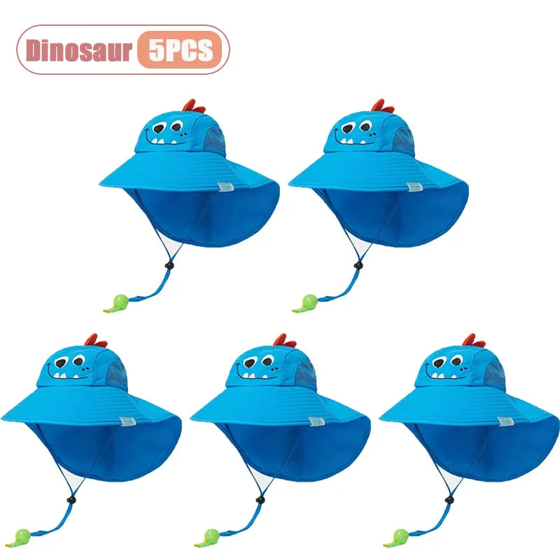 Spring Summer Kids UV Protection Sun Hat Baby Toddler Bucket Hat Wide Brim Breathable Outdoor Cap for Boys Girls Oasis Select Dinosaur-5PCS