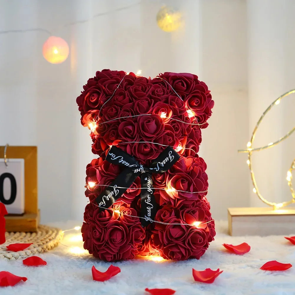 25cm Artificial Teddy Rose Flower Bear with Box Romantic Valentines Day Gift Girlfriend Anniversary Wedding Party Supplies Oasis Select 8 With Box