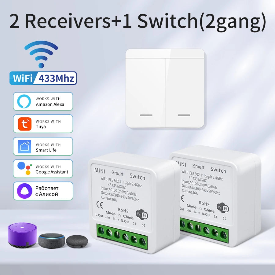 Tuya WiFi Smart Switch 433Mhz Relay Receiver Wireless 1/2/3 Gang 86 Wall Panel Switch APP Control Works with Alexa Google Home Oasis Select 2 Receiver 1 Switch