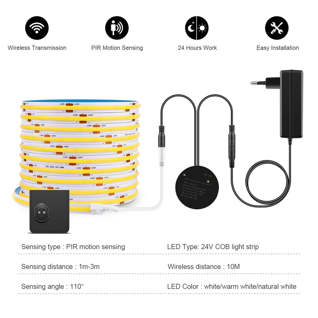 COB 24V LED Strip Wireless PIR Human Motion Sensor LED Night Light RF Reciever Smart Induction Lamp For TV Kitchen Cabinet Stair Oasis Select