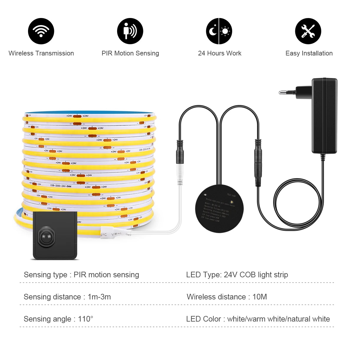 COB 24V LED Strip Wireless PIR Human Motion Sensor LED Night Light RF Reciever Smart Induction Lamp For TV Kitchen Cabinet Stair Oasis Select