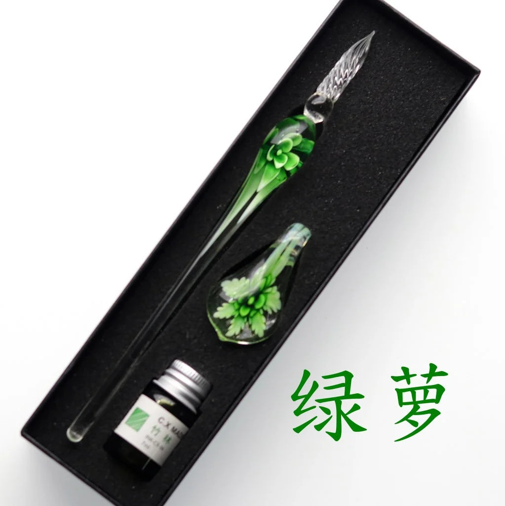 Embedded Flower Glass Pen Set Starry Sky Gold Powder Color Ink Dip in Water Pen Gift Box for Friends and Students as Gift Pen Oasis Select