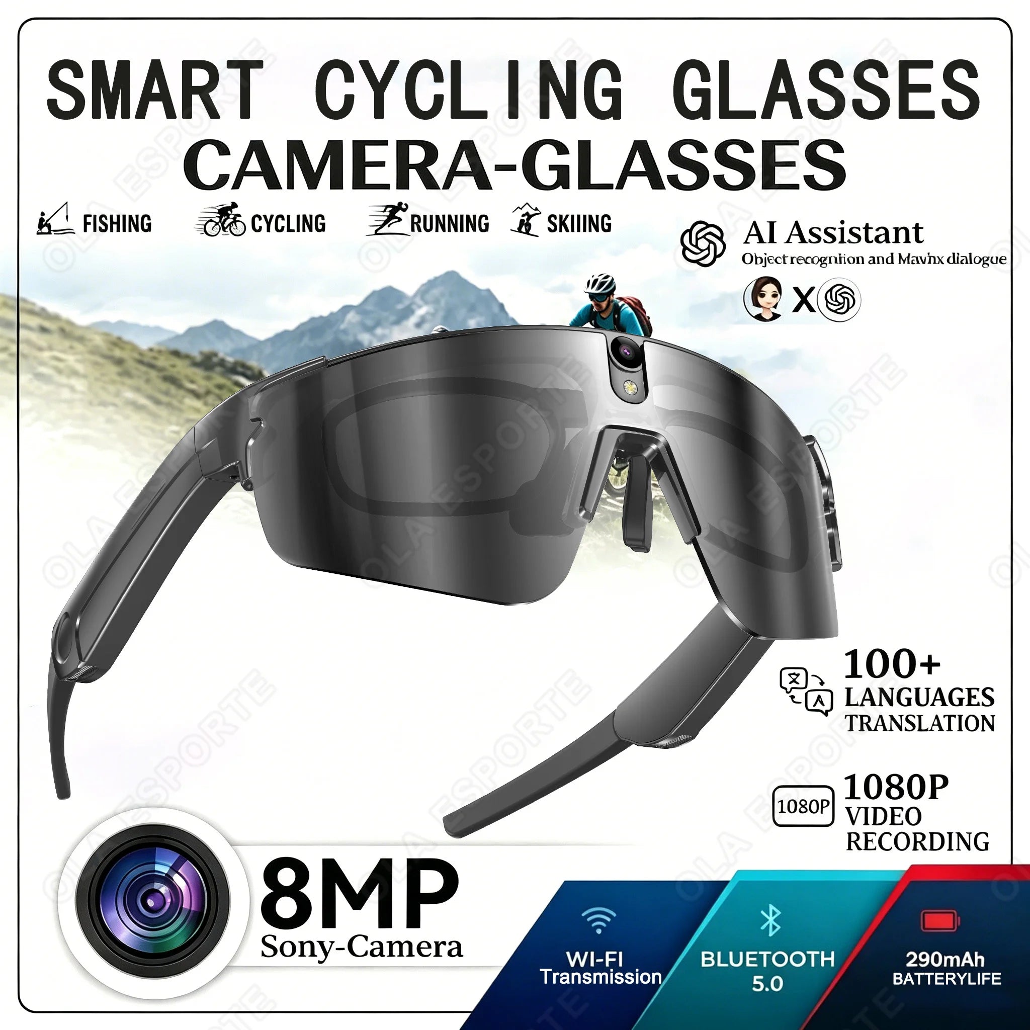 8MP Smart Cycling Glasses 1080p Camera WiFi BT AI Translator