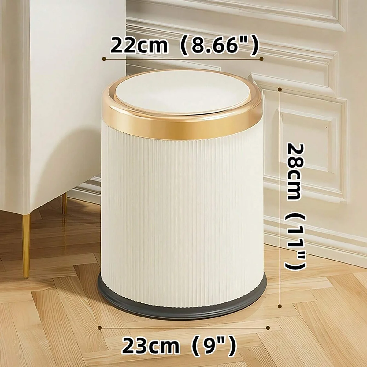 Modern White and Black Double Layered Trash Bin with Press Top Lid for Bathroom, Office and Bedroom Oasis Select