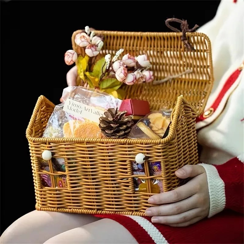 1pc Handwoven PE Rattan Picnic Basket, Durable Fruit Bread Snack Tote Bag, Portable Woven Storage Basket for Grocery Shopping Oasis Select