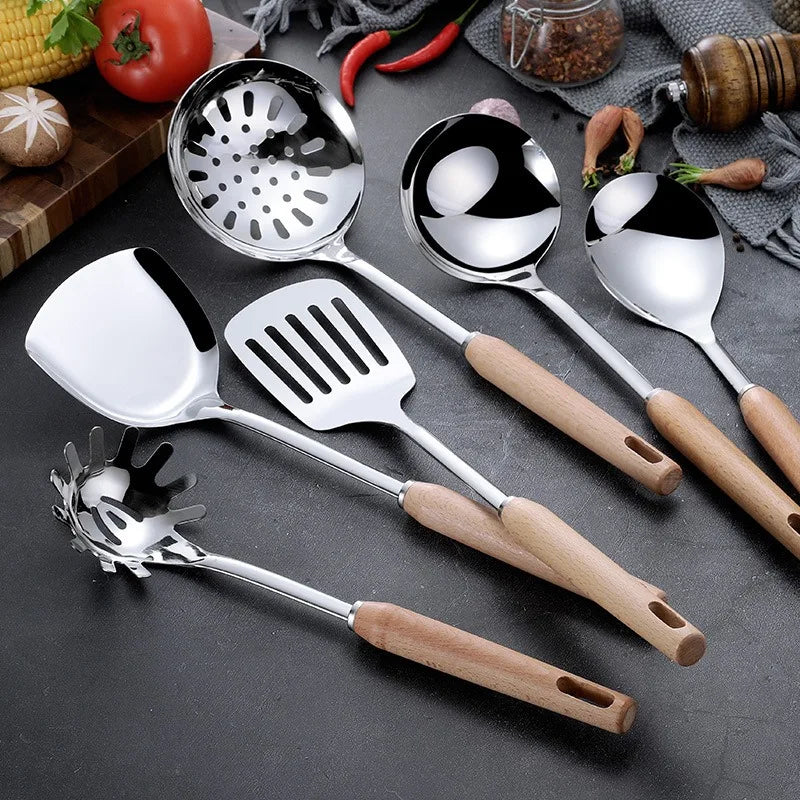 6-Piece Wooden Handle Stainless Steel Kitchen Utensil Set Kitchen Utensil Set Oasis Select
