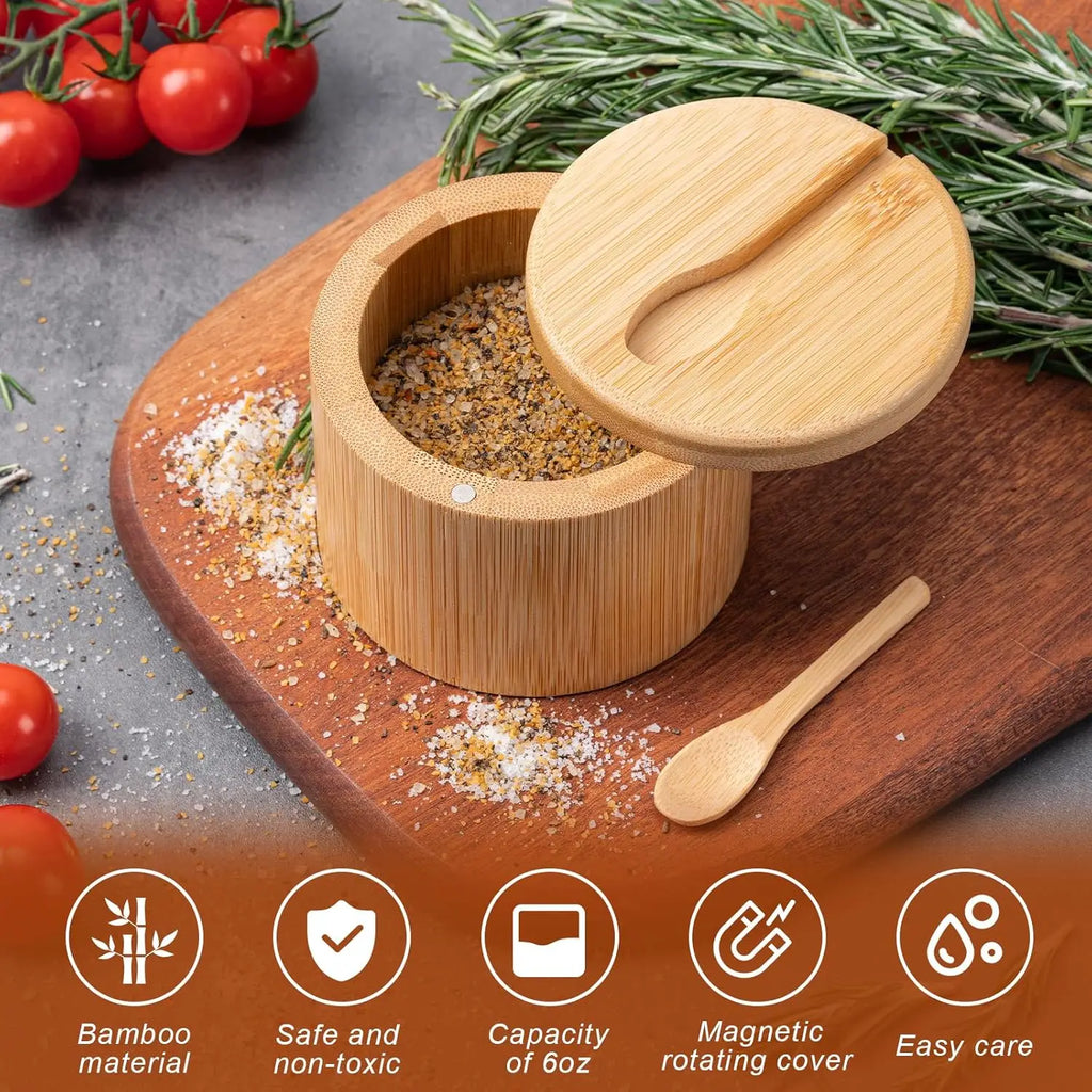 1pc Bamboo seasoning container with magnetic twist-top lid and spoon, ideal for storing pepper, table salt and other condiments. Oasis Select