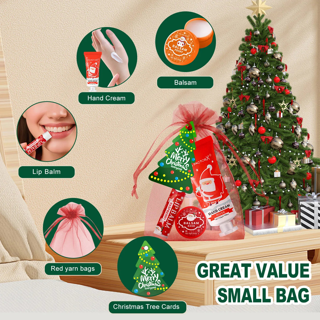 Christmas assembly gift set -20 sets, including balm, hand cream, lipstick, red gauze bag, Christmas tree thank you card Oasis Select