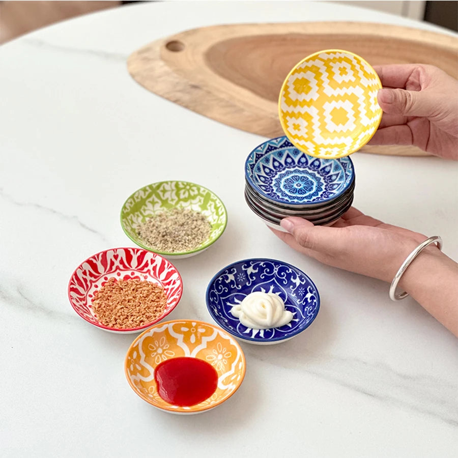 6/10 Pieces of Ceramic Condiment Dishes, Bohemian Plates, Sauce Dishes, Household Soy Sauce Vinegar Spice Dishes, Suitable for Home Kitchens, Restaurants, Sushi Bars, Parties, Hot Pot, Picnics, Camping, Barbecues, Cold Oasis Select