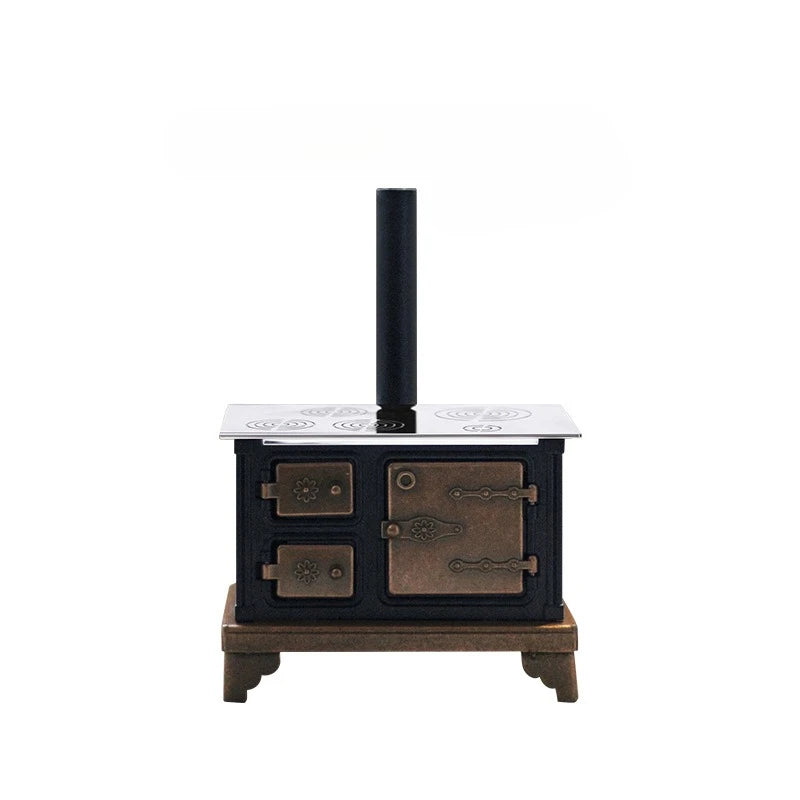 Vintage Cast Iron–Style Stove with Long Chimney – 1:12 Miniature Range for Dollhouse, Fairy Garden & Micro Landscapes, Alloy Oasis Select CopperColor