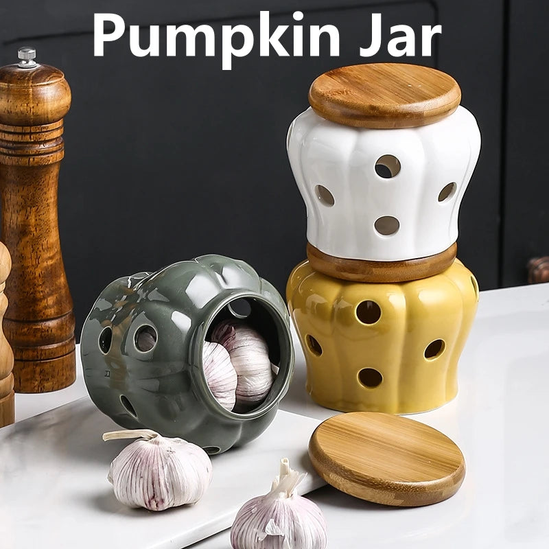 Pumpkin Jar with Lid Hollow Out Kitchen Ventilation Storage Tank Durable Ceramic Garlic Ginger Dried Chili Pepper Storage Jars Oasis Select