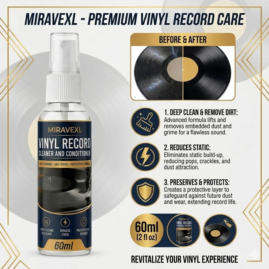 MIRAVEXL Vinyl Record Cleaning Kit: 60ml Spray & Anti-Static Velvet Brush Set — Designed Specifically for Record Maintenance Oasis Select