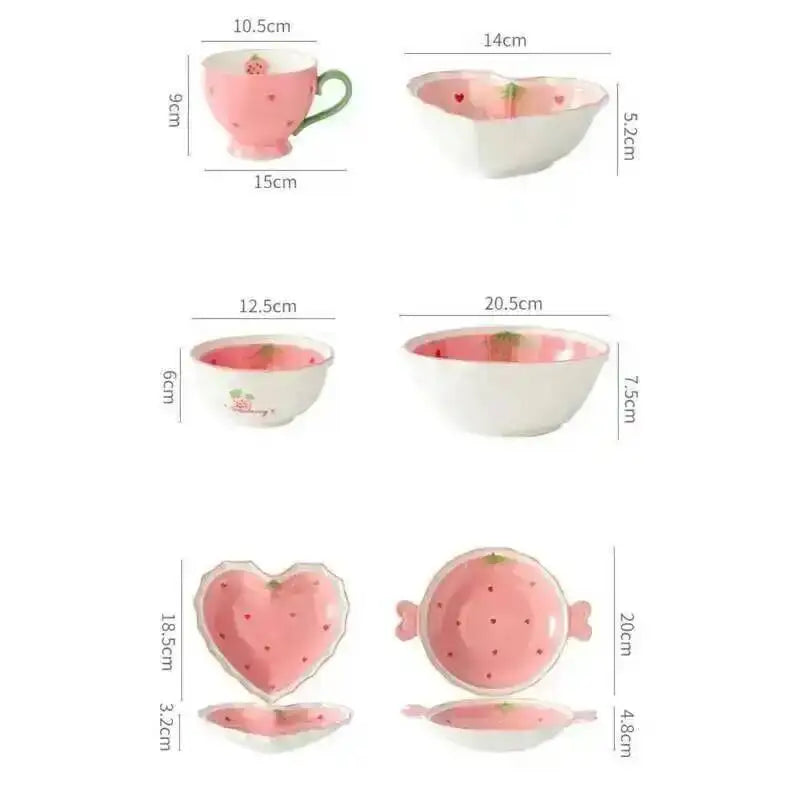 Strawberry Love Pink Plate And Bowl Ceramic Tableware Hand-painted Plate For Household Girls And Kids Oasis Select