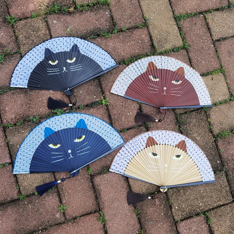Chinese Style Summer Gift Cat Patterns Handmade Cartoon Home Decoration Silk Fan Folding Fan Fan Crafts Portable Bamboo Fan Oasis Select