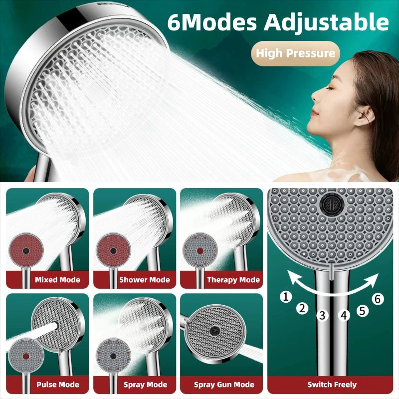 6 Modes Adjustable Pressure Boost Shower Head 12.5CM Big Panel High Pressure Large Flow Handheld Showerhead Bathroom Accessories Oasis Select