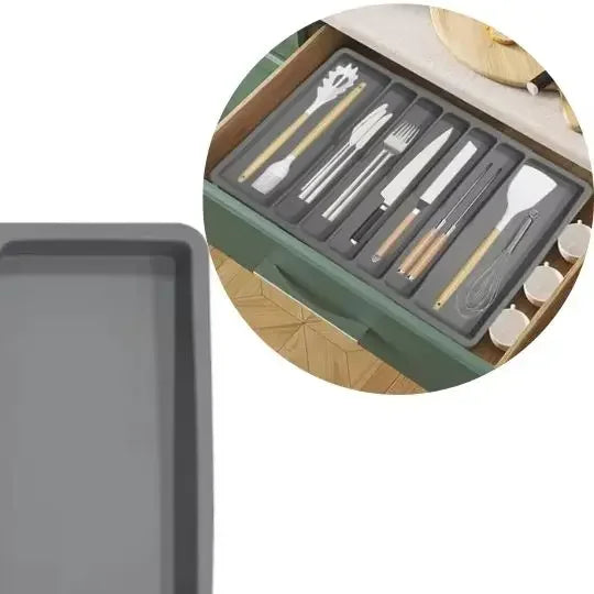 Non Slip Silicone Cutlery Tray Silverware Drawer Organizer Kitchen Utensil Holder with Dividers Gray Black Color Oasis Select