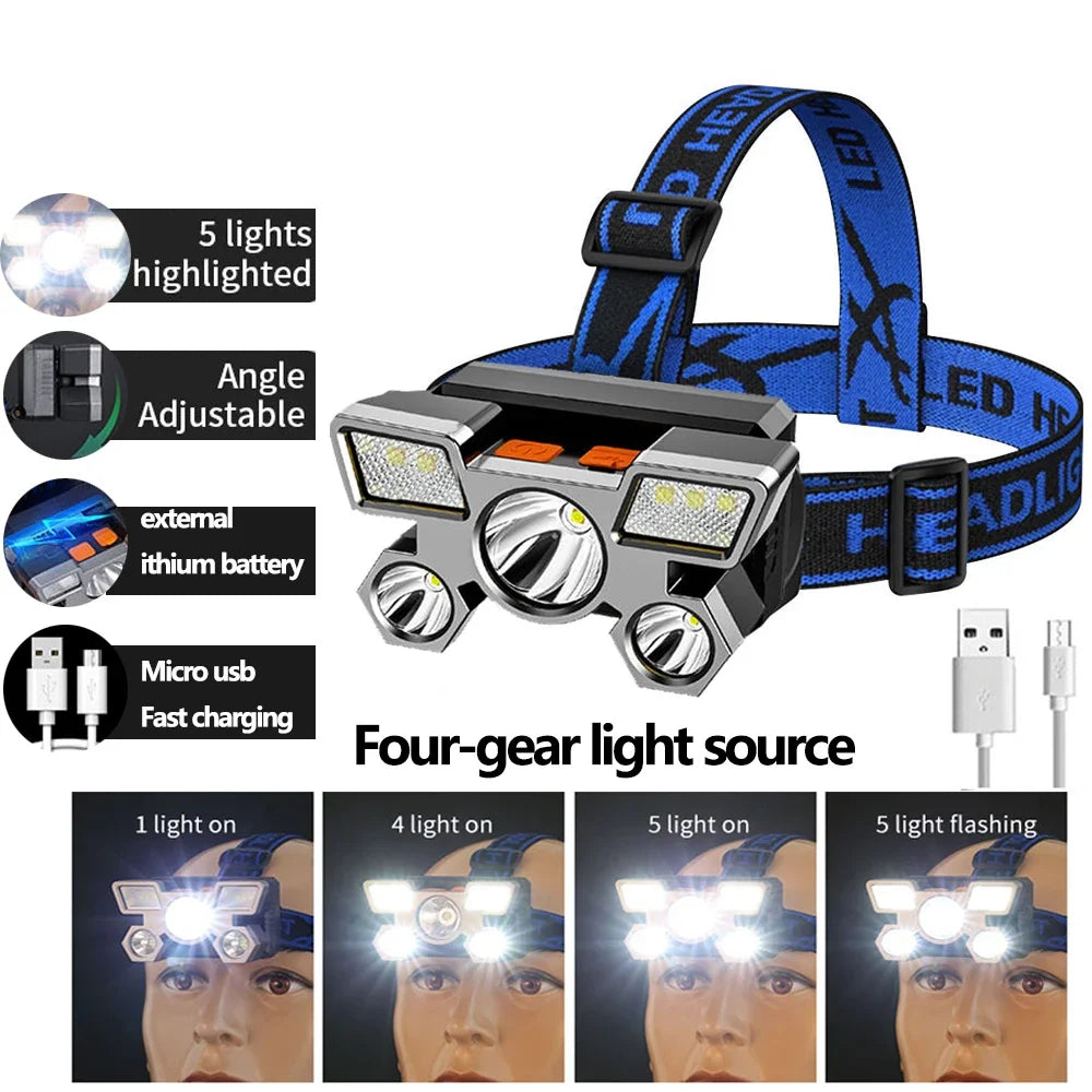 Outdoor High Brightness 5LED Headset Flashlight Outdoor Household Portable USB Rechargeable Fishing Miner Lamp Strong Headlight Oasis Select