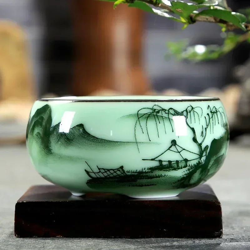 Tea Cup Ceramic 1PC Celadon Hand-painted Landscape Lotus Carp Tea Bowl Chinese Style Host Mountains and Waters Oasis Select Landscape(7x3.5cm) <200ml