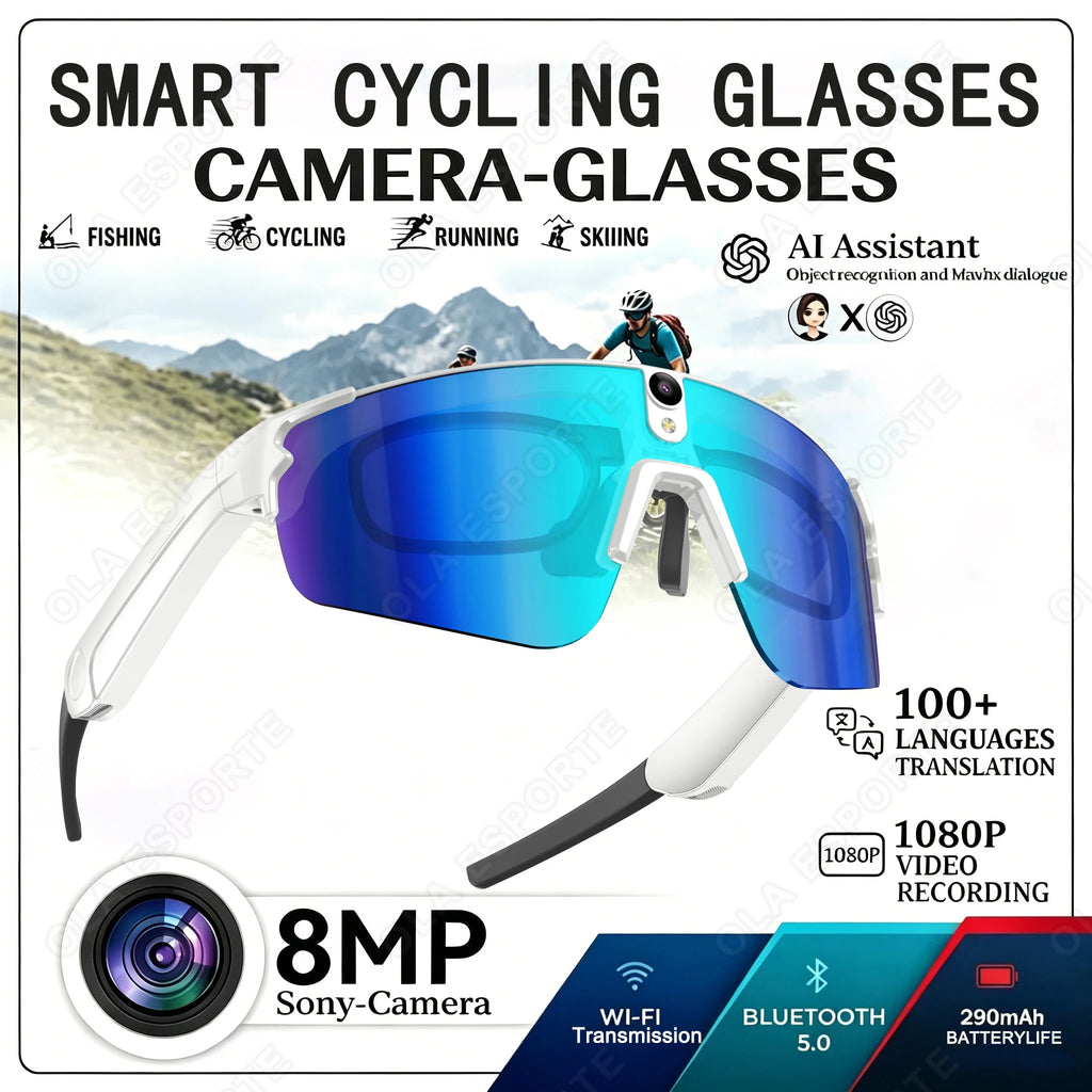 8MP Smart Cycling Glasses 1080p Camera WiFi BT AI Translator