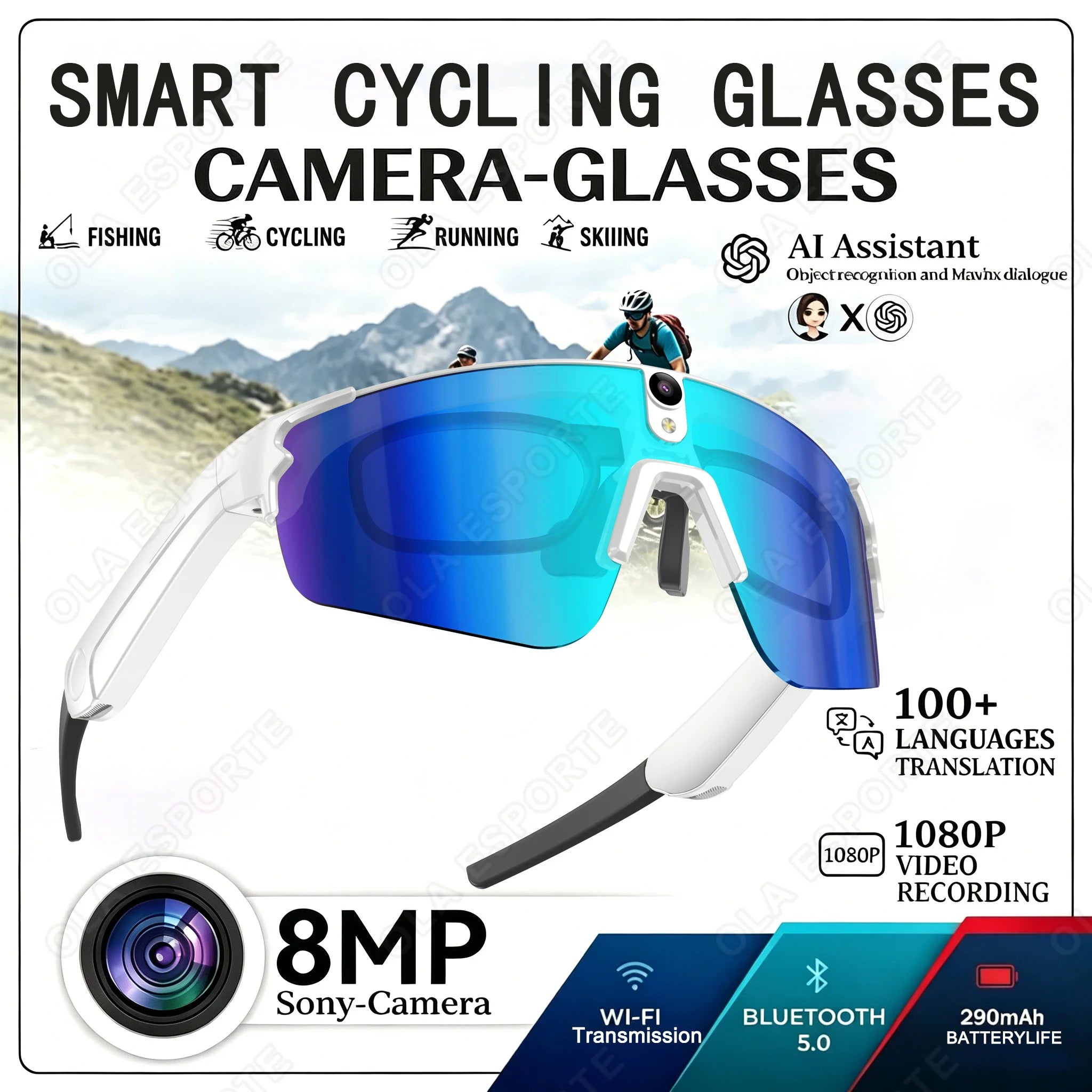 8MP Smart Cycling Glasses 1080p Camera WiFi BT AI Translator