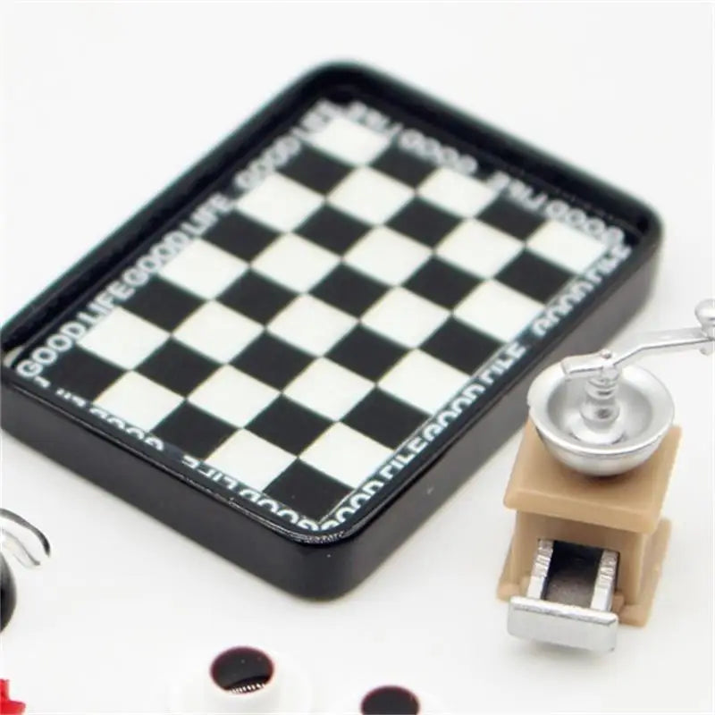 Dollhouse Miniature Coffee Maker Grinder Black And White Checkered Dinner Plate Set Model Dollhouse Accessories Pretend Play Toy Oasis Select
