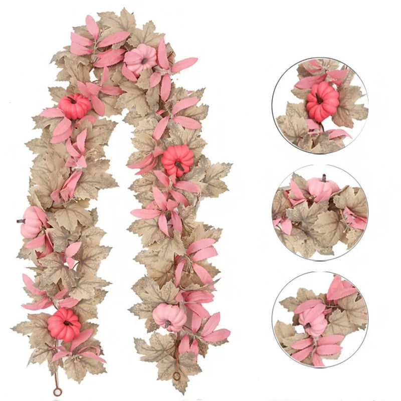 Fall Maple Leaves Garland Hanging Artificial Autumn Garland with Pink Pumpkins Flowers Berries For Halloween Thanksgiving Decor Oasis Select Style A