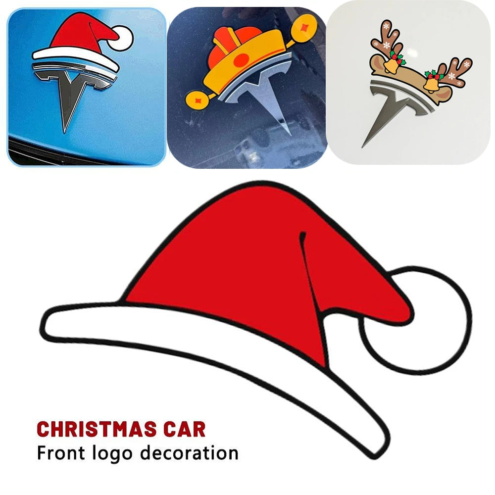 Tesla Christmas Emblem Sticker – Santa Hat, Elk & Festive Designs