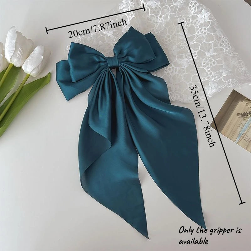 Oversized Satin Bow Hair Clip with Long Ribbon Elegant Solid Color Hairpin for Women Girls Party Daily Hairstyling Oasis Select dark green