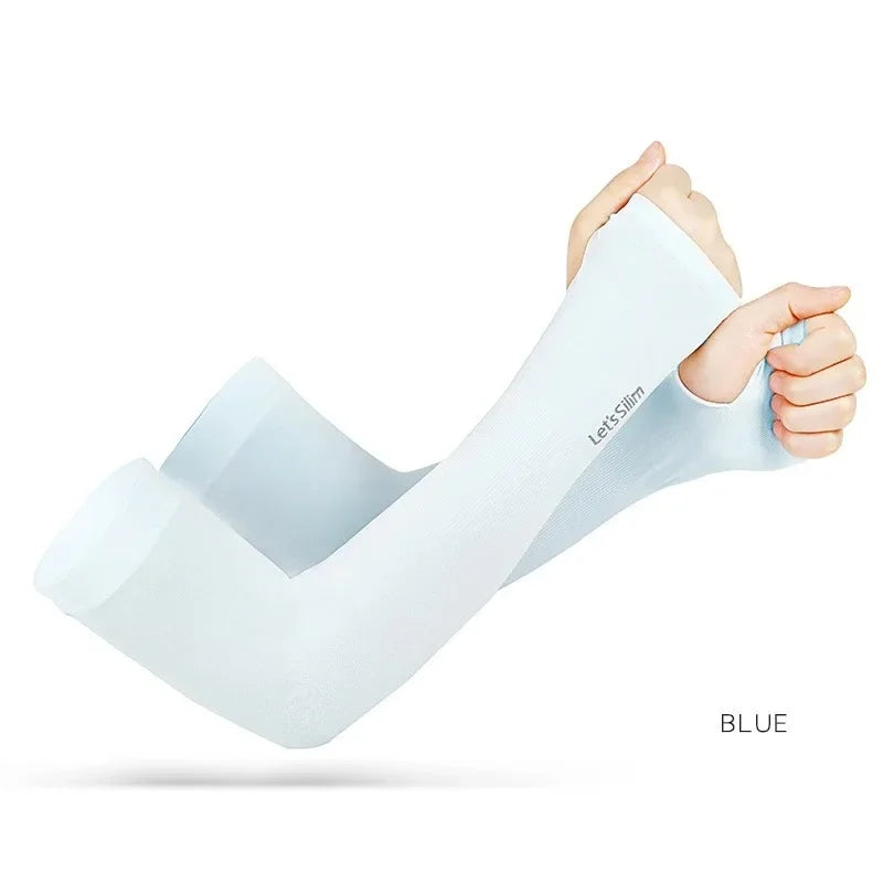Summer Ice Silk Long Sleeves Anti-Sunburn Arm Cover Men Women Cuff New Cool Hand Sleeves Anti-UV Cycling Arm Sleeve Fingerless Oasis Select blue-B