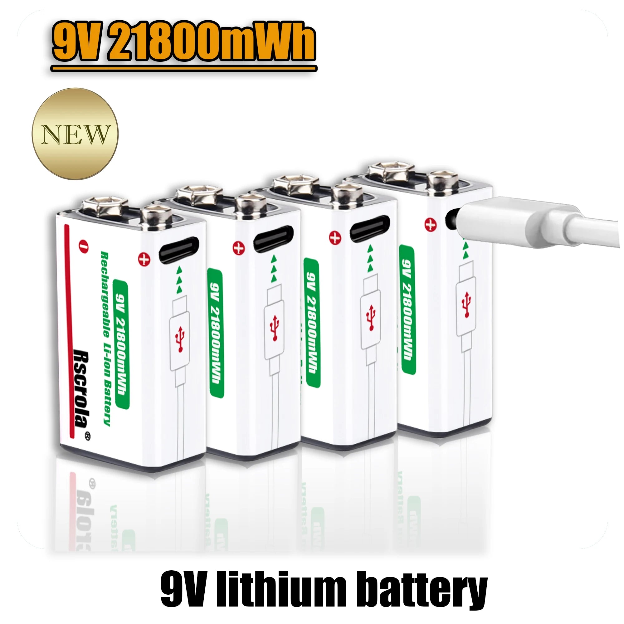 Long-Lasting 9V Lithium Ion Rechargeable Battery 21800mWh High Capacity for Guitar Microphone Smoke Detector Pedal with Cable Oasis Select