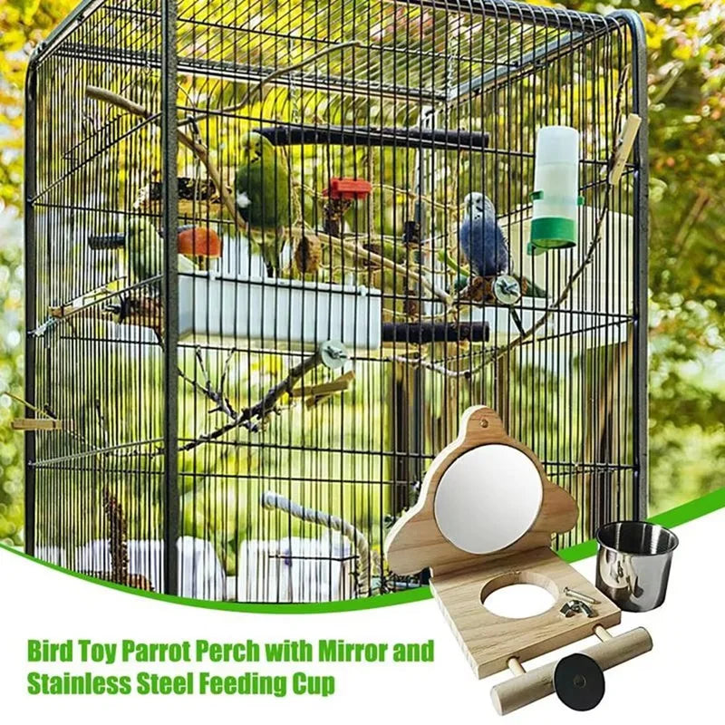 WISH Parrot Perch Wooden Parakeet Mirror Toy Bird Parrot Perch With Mirror And Feeding Cups Cage Play Toy For Lovebird Oasis Select