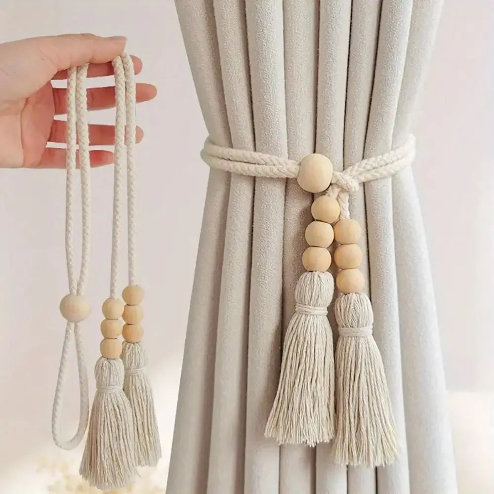 2Pcs Curtain Tiebacks with Tassels Fixed Nordic Curtain Tying Rope Wooden Bead Simple Curtain Hooks Bundle Bags Storage Buckle Oasis Select