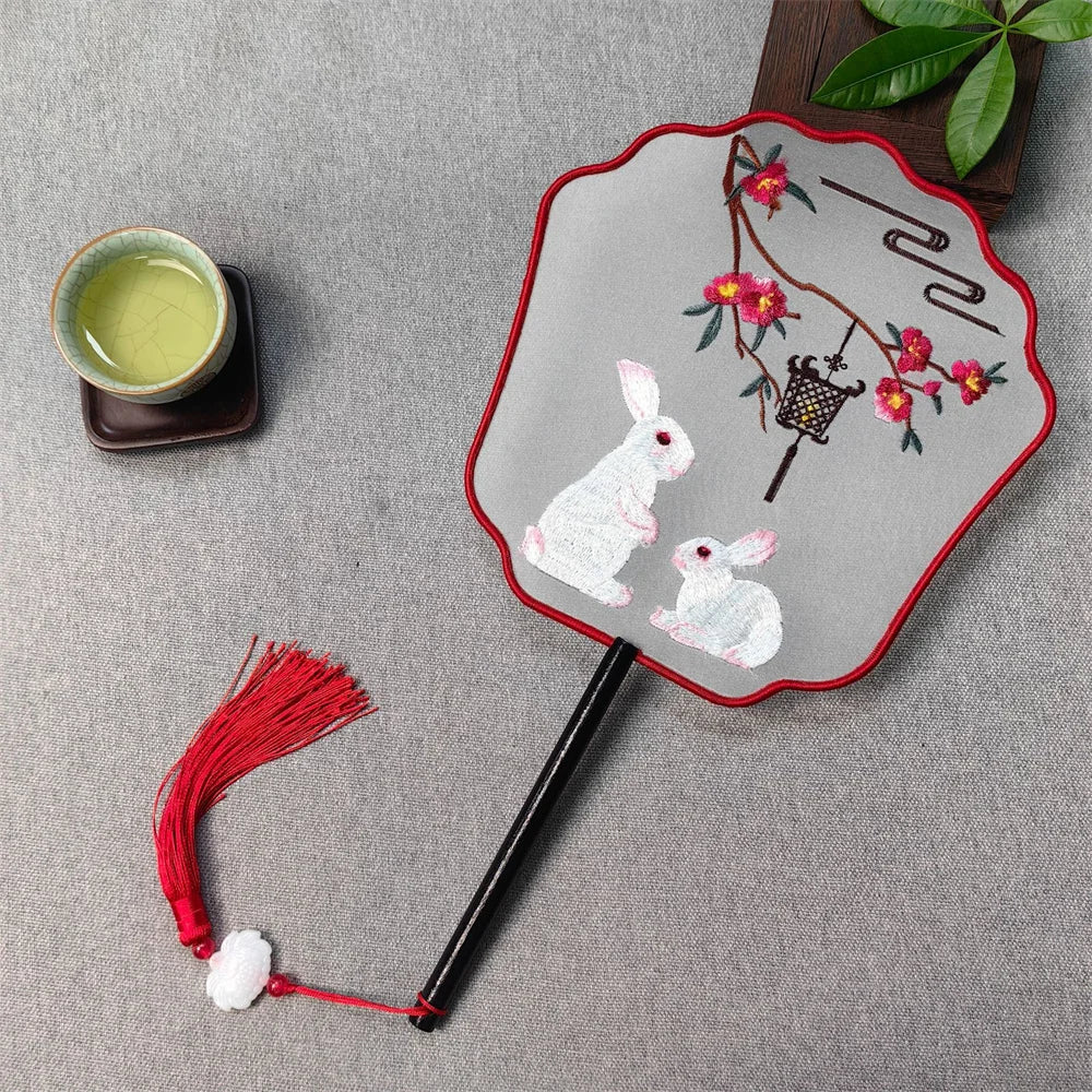 Flower Embroidered Silk Round Fan Chinese Hand Fans with Wooden Handle Tassel Wedding Party Dance Accessories Home Decor Oasis Select Style 11