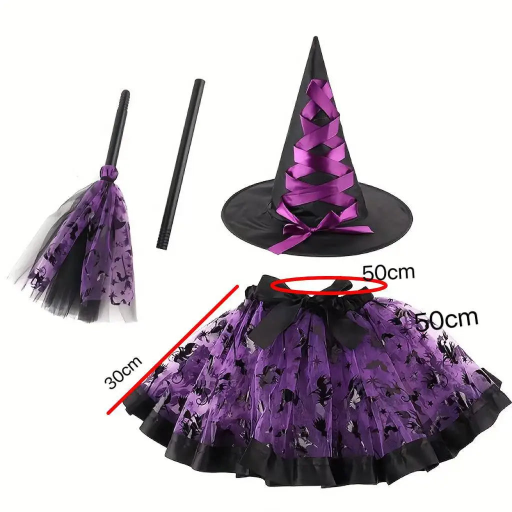 Halloween Pumpkin Dress Set Witch Broom Witch Hat Cover European and American Printed Mesh Dress Set Oasis Select