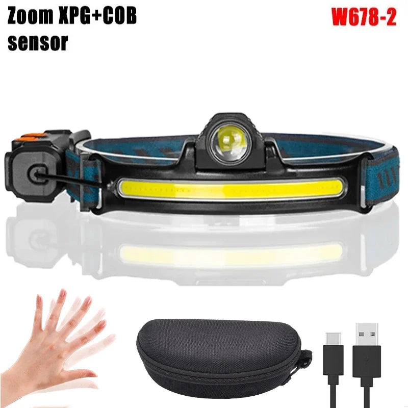 IR Sensor LED Headlamp XPG+COB USB Rechargeable Waterproof 2000mAh