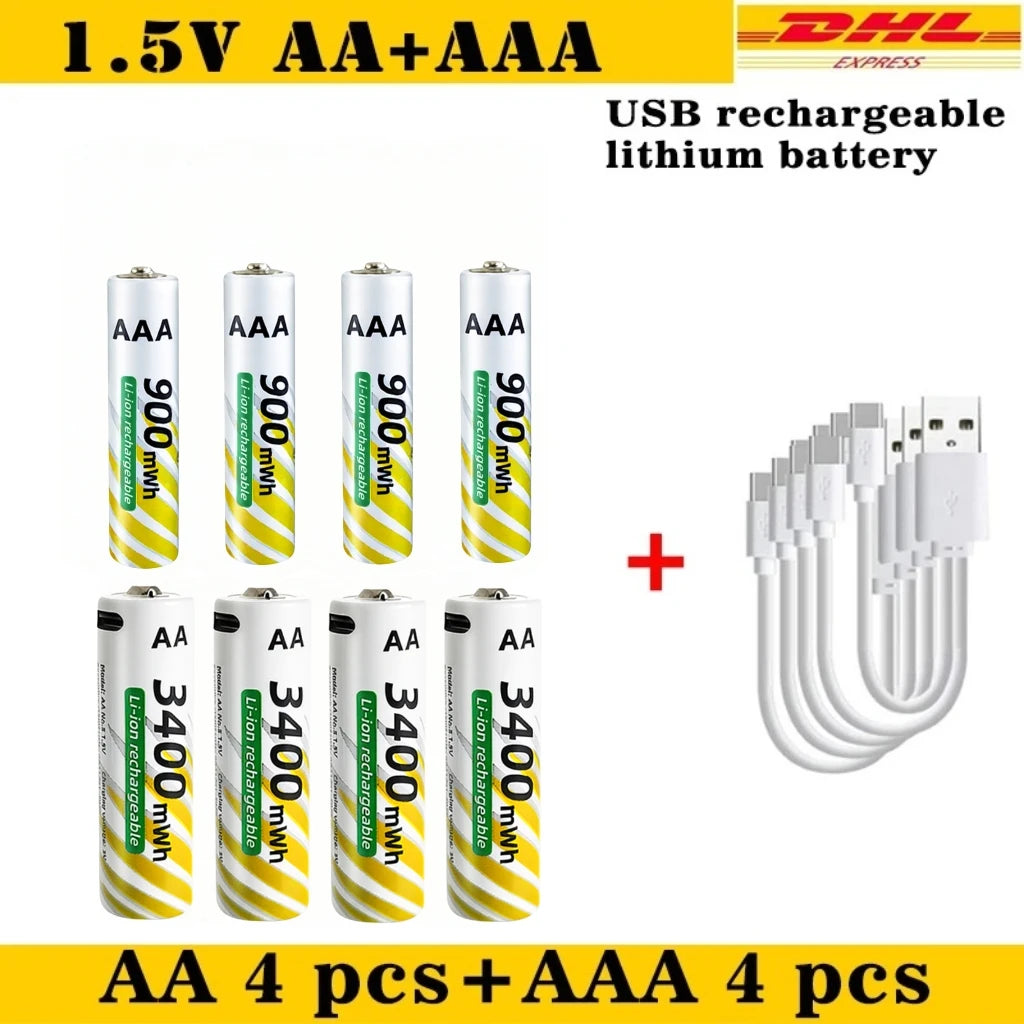 USB-C Fast Charge Lithium-ion AA and AAA Rechargeable Batteries, 3400mWh AA + 900mWh AAA Ideal for Daily Electronics & Toys Oasis Select AA 4pcs AAA 4pcs