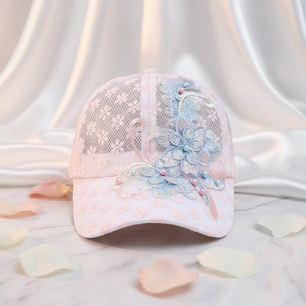 White Pink Lace Baseball Cap Embroidered Flowers Duck Tongue Breathable Baseball Cap Elegant Rebound Cap Hollow Out Baseball Cap Oasis Select