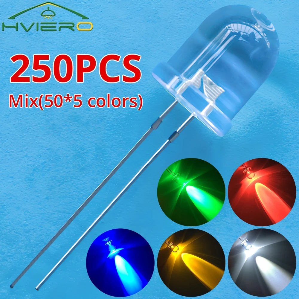 250Pcs 10mm Round Top Ultra Bright LED Diodes Multi-Color